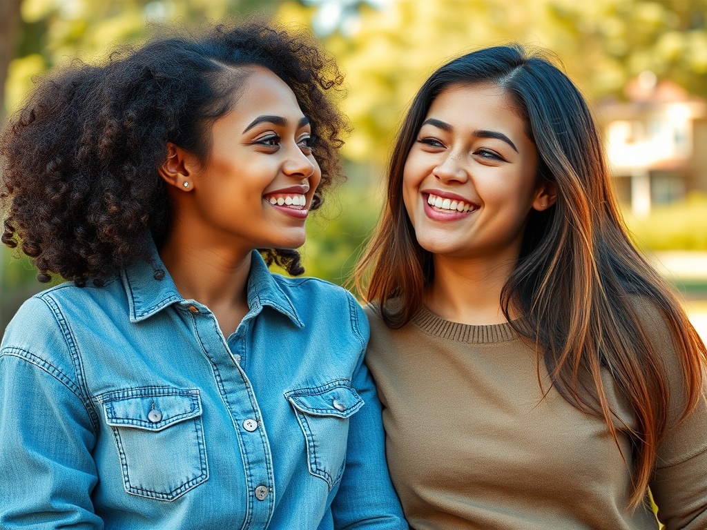 Dos amigas jóvenes juntas y sonriendo, ilustración simple
