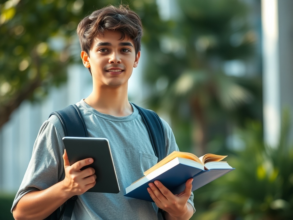 Un estudiante joven con mochila y libros, ilustración simple