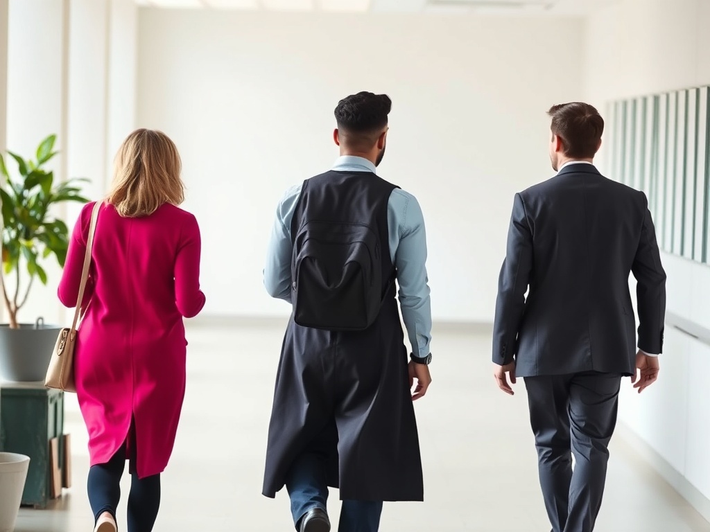 Dos personas caminando juntas hacia un profesor, ilustración simple