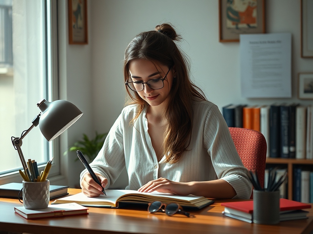 Una persona sola estudiando en su escritorio, ilustración simple