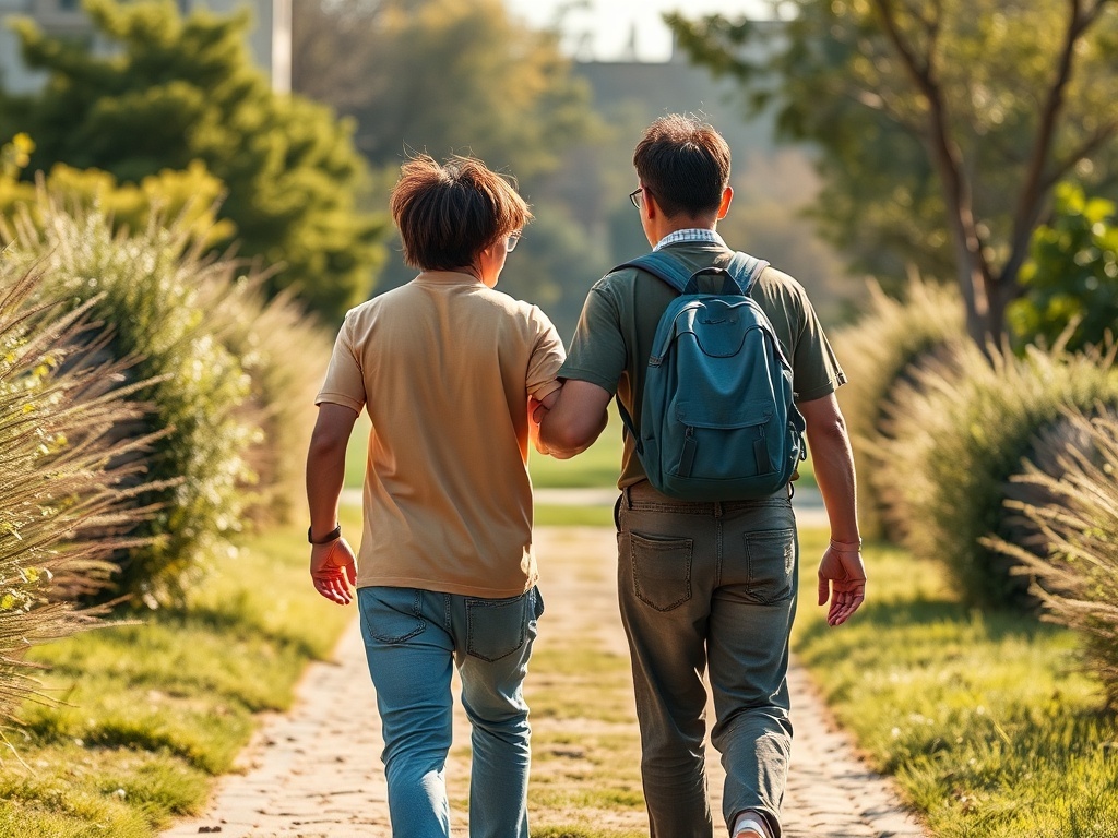 Dos amigos caminando juntos, ilustración simple