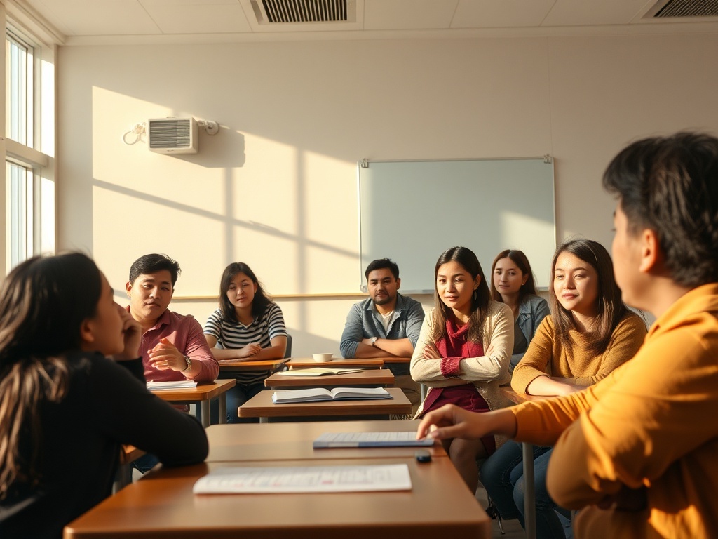 Un aula con varios estudiantes, ilustración simple