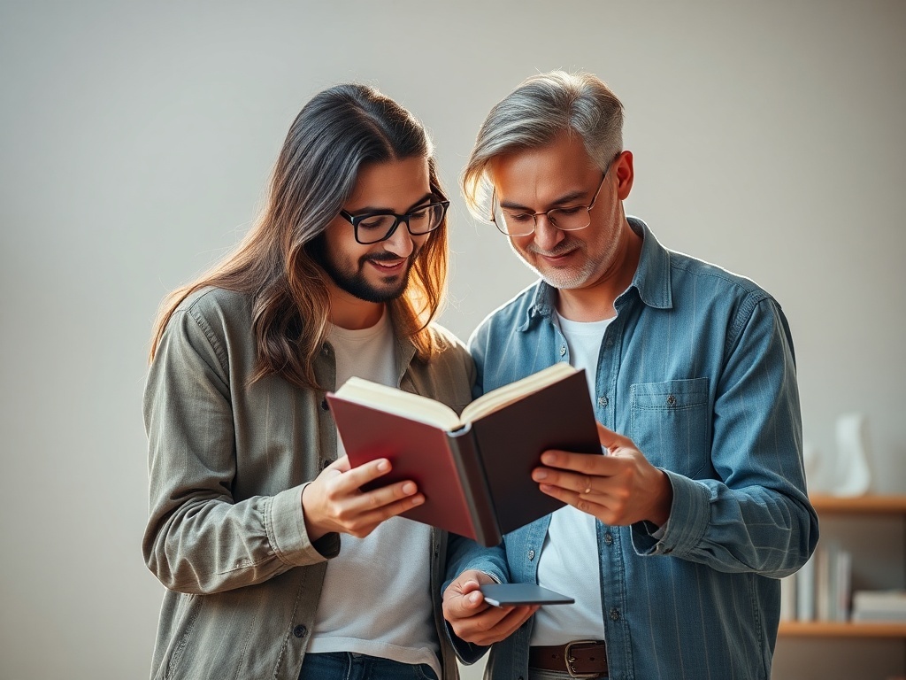Dos personas compartiendo un libro, ilustración simple