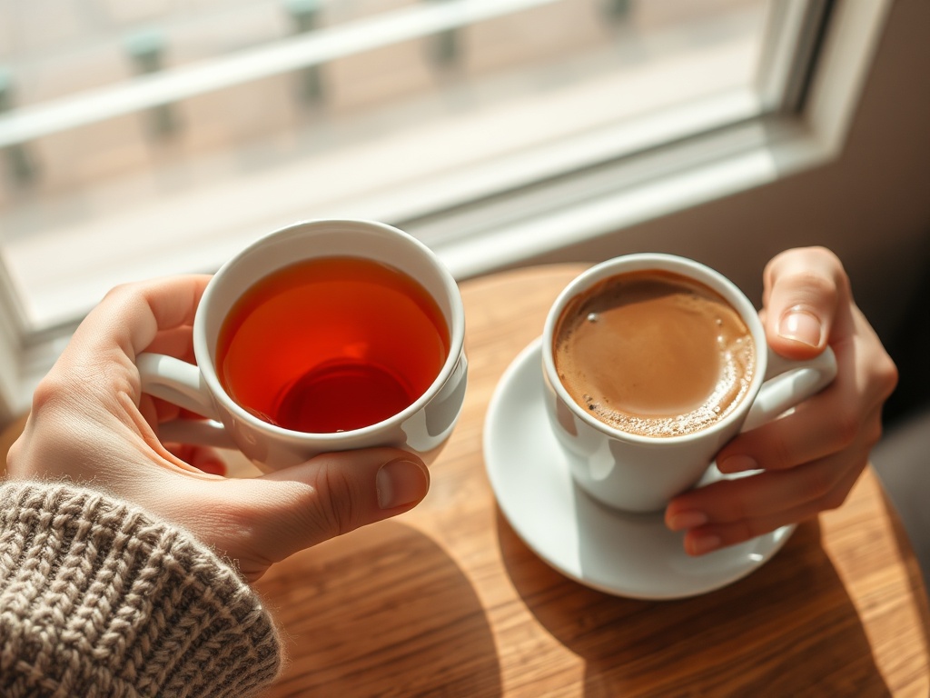 Una persona con una taza de té y una de café, ilustración simple