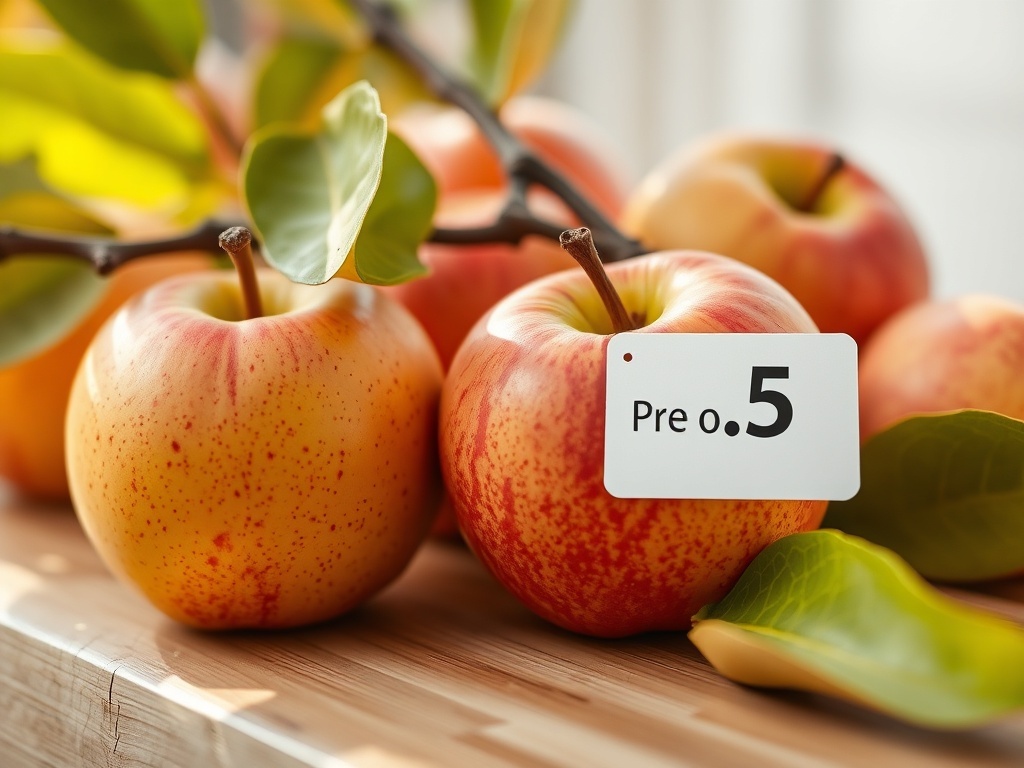 Una manzana grande con una etiqueta de precio bajo, ilustración simple