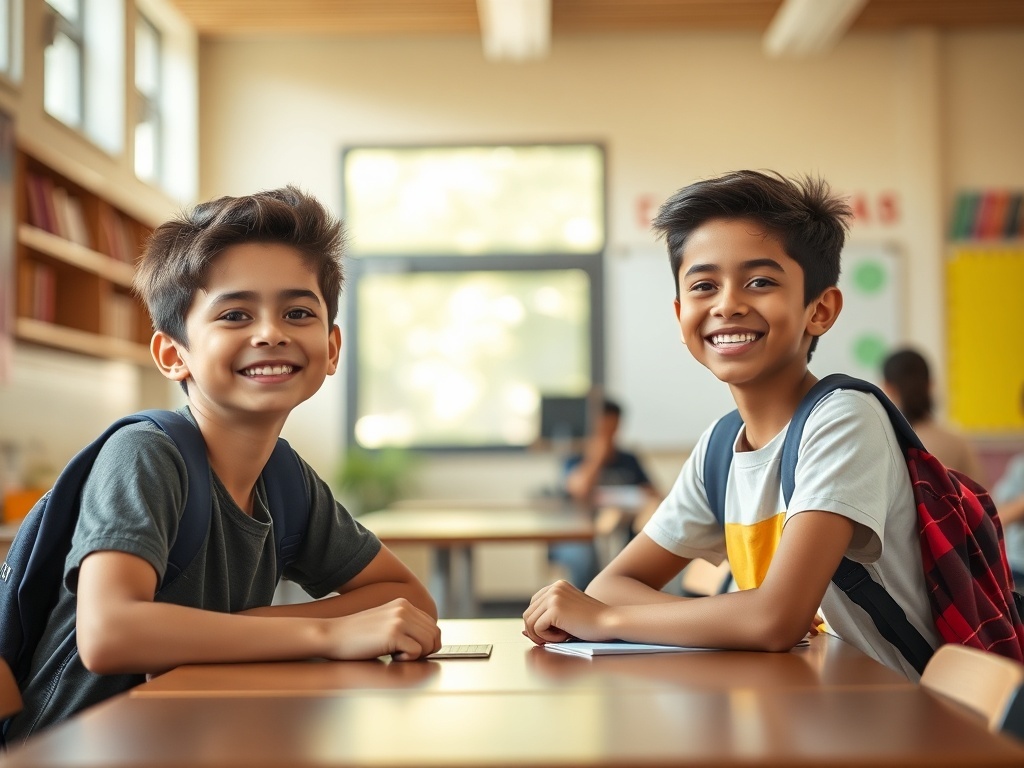 Dos amigos felices juntos en la escuela, ilustración simple