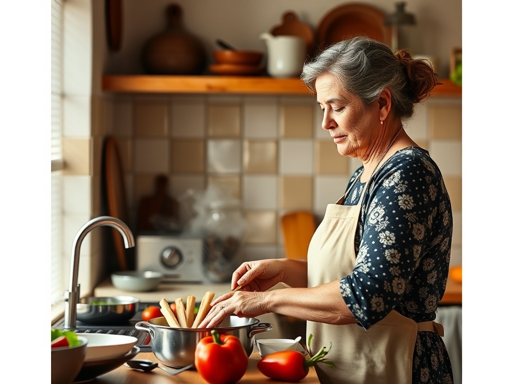 Una madre cocinando en la cocina, ilustración simple