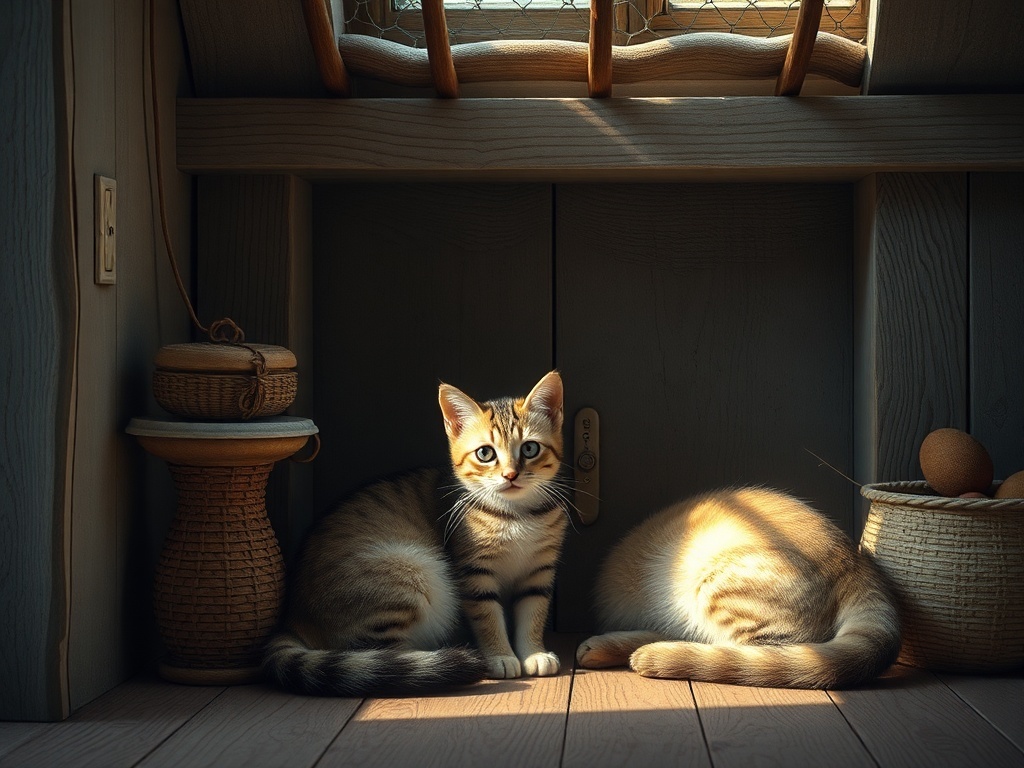 Una habitación con dos gatos dentro, ilustración simple