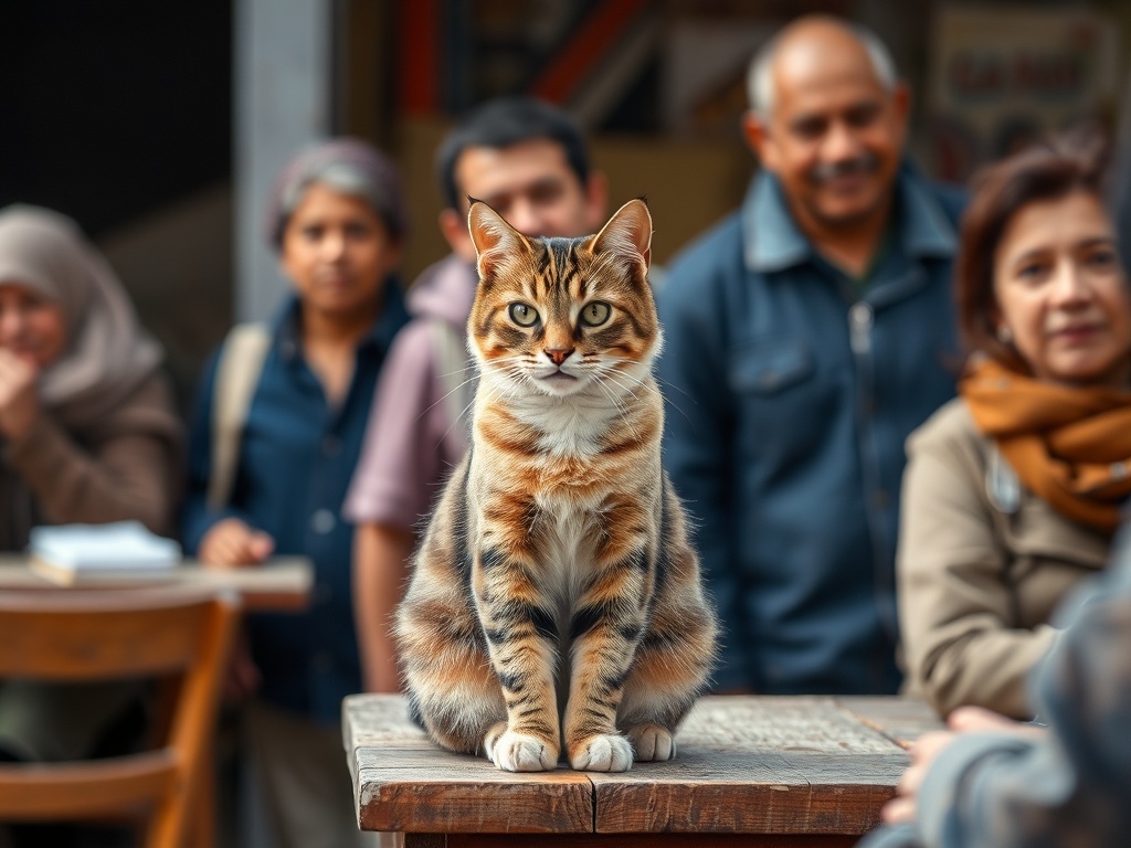 Un gato encima de una mesa, ilustración simple