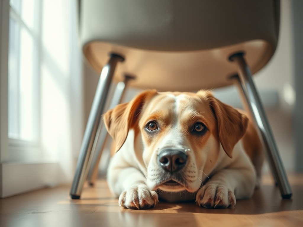 Un perro debajo de una silla, ilustración simple