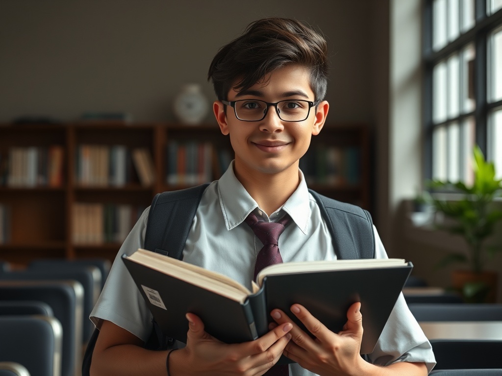 Una persona en una escuela con libros, ilustración simple