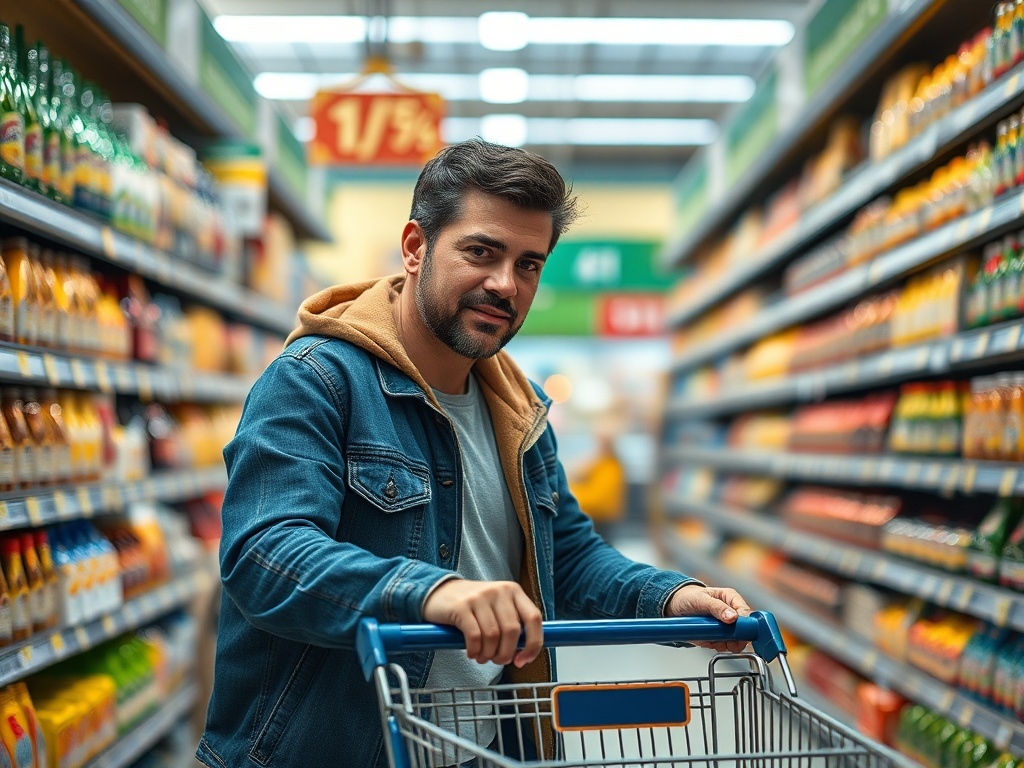 Una persona con un carrito en un supermercado, ilustración simple
