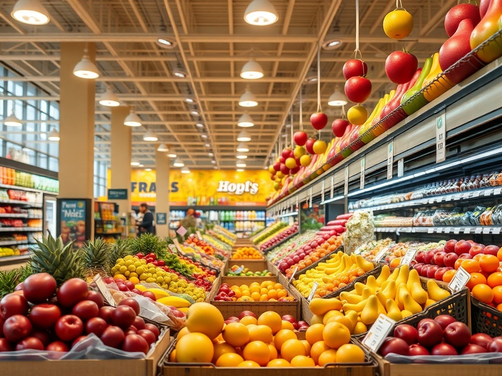 Un supermercado con frutas a la venta, ilustración simple