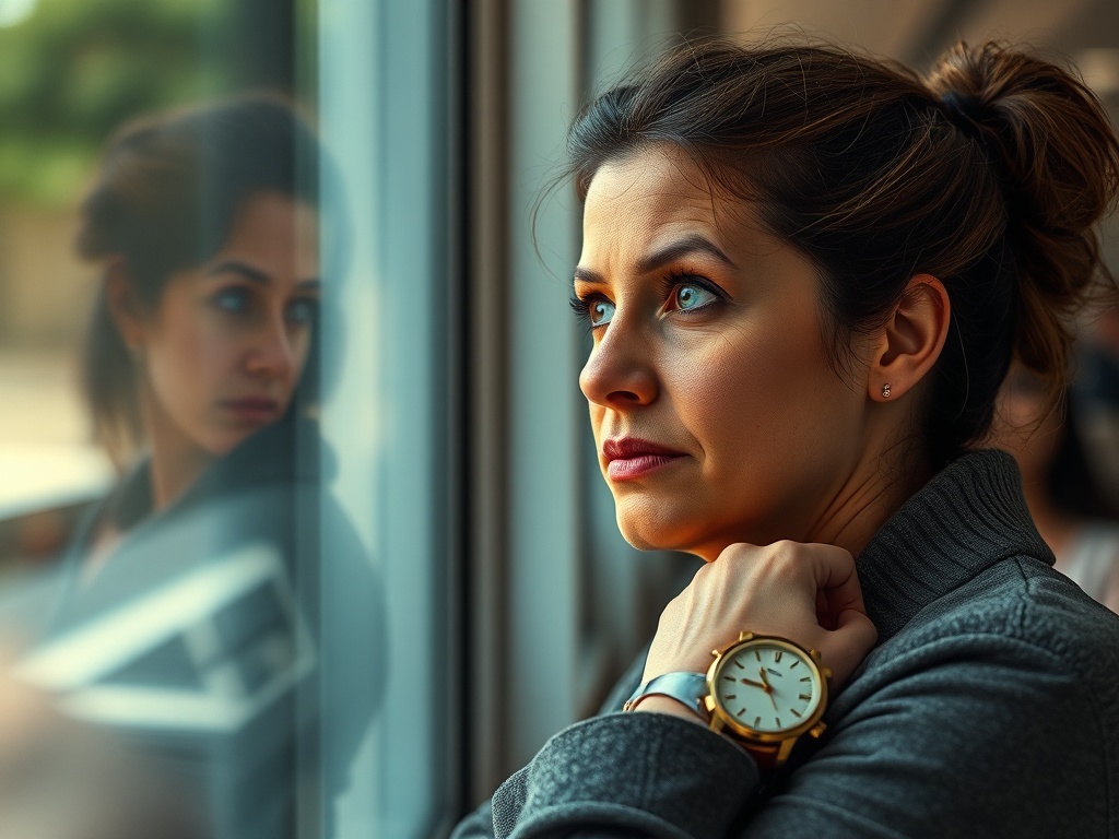 Una persona esperando y mirando un reloj, ilustración simple