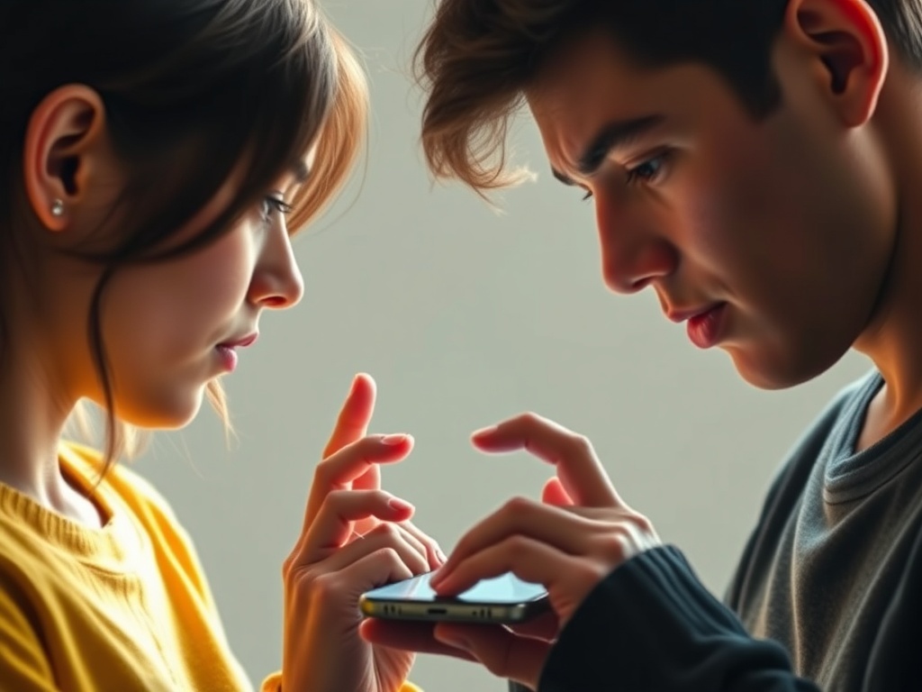 Una persona mostrando un móvil a otra, ilustración simple