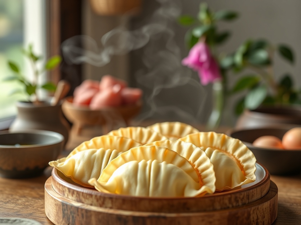 Un plato de empanadillas chinas al vapor, ilustración simple, para representar 饺子