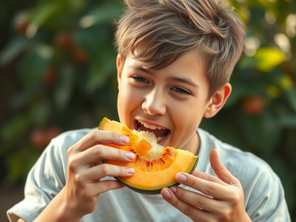 Una persona comiendo fruta feliz, ilustración simple