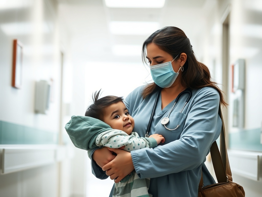 Una madre llevando a su hijo al hospital, ilustración simple