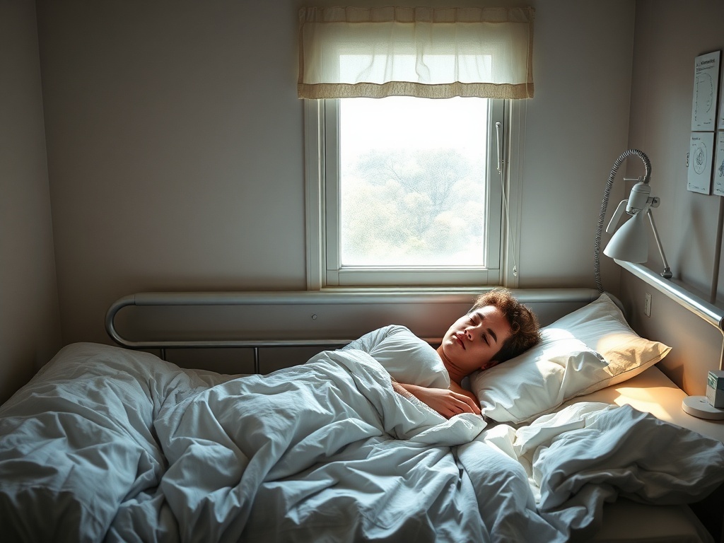 Un estudiante enfermo en la cama, ilustración simple