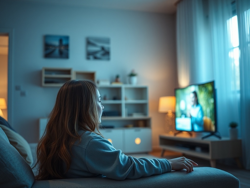 Una persona viendo la tele en casa, ilustración simple