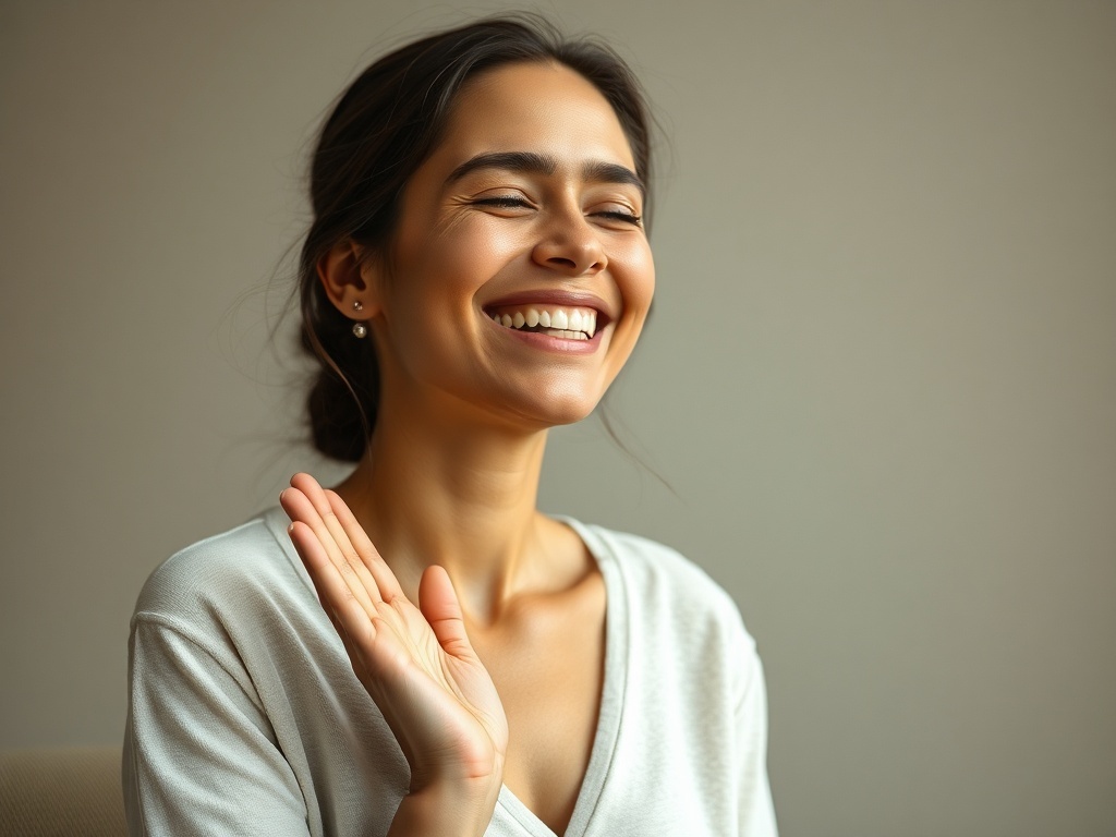 Una persona feliz sonriendo ampliamente, ilustración simple, para representar 高兴