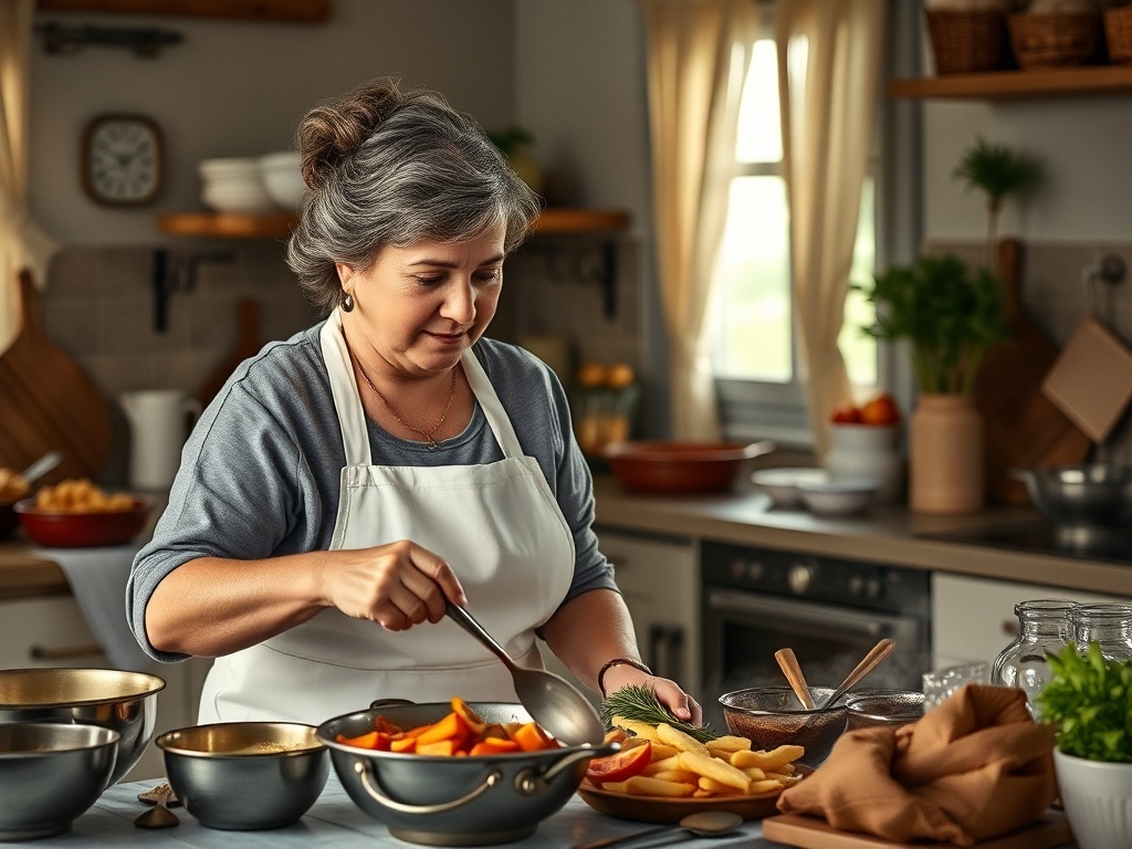 Una madre cocinando fideos con carne en casa, ilustración simple