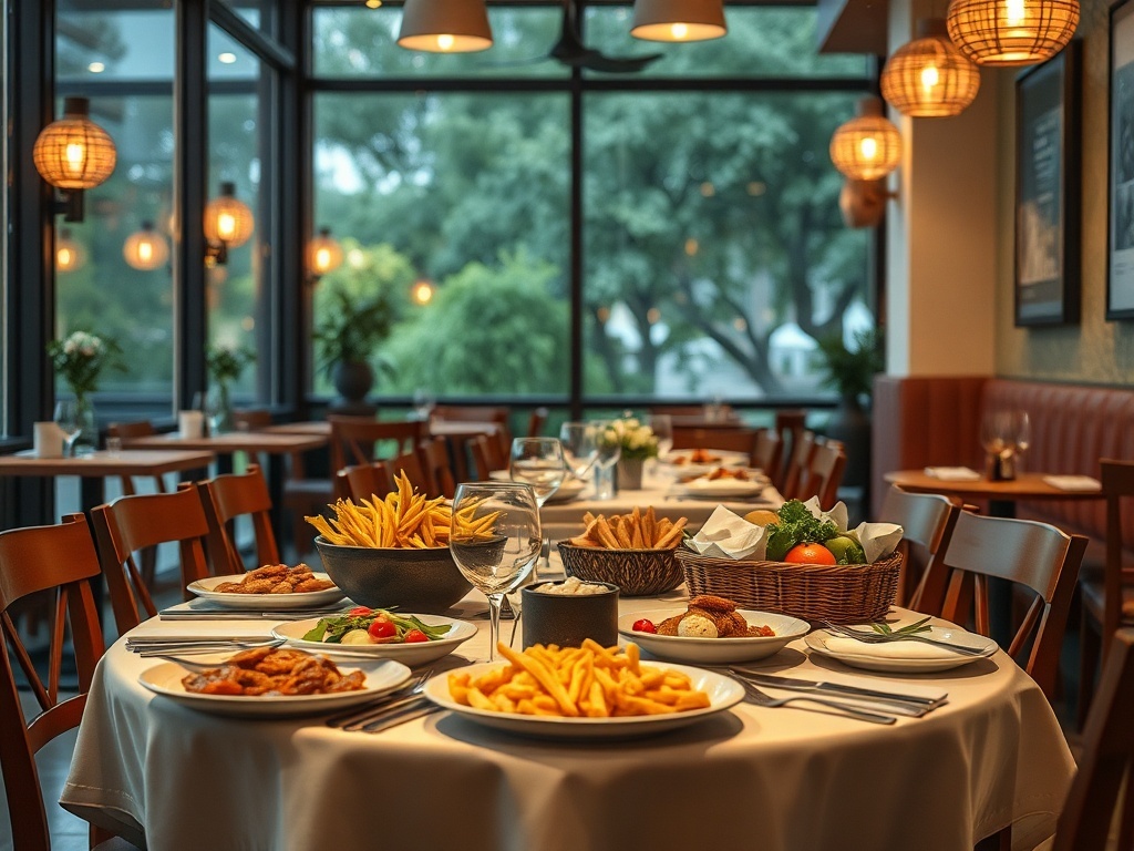 Un restaurante con mucha comida en la mesa, ilustración simple