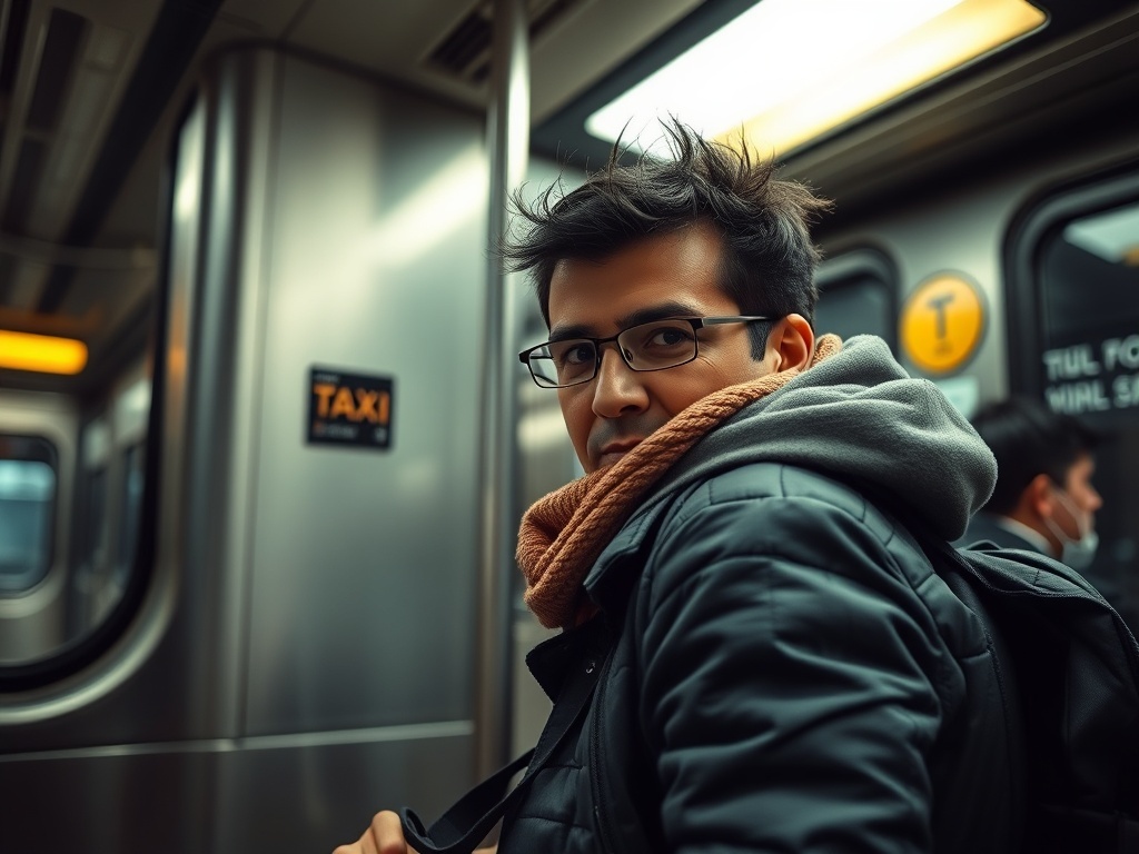 Una persona bajando del metro y subiendo a un taxi, ilustración simple