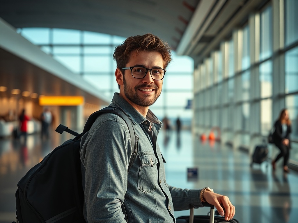 Una persona con maleta en el aeropuerto por primera vez, ilustración simple