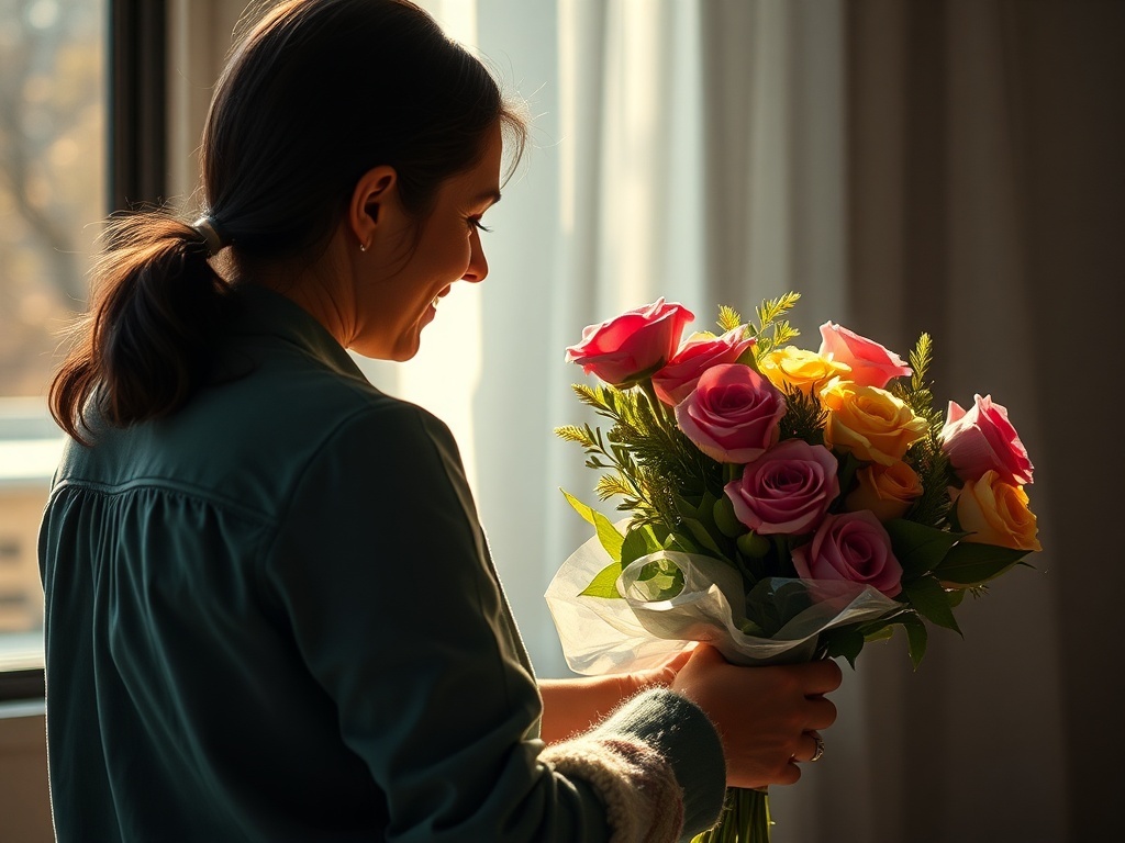 Una persona recibiendo flores de regalo, ilustración simple