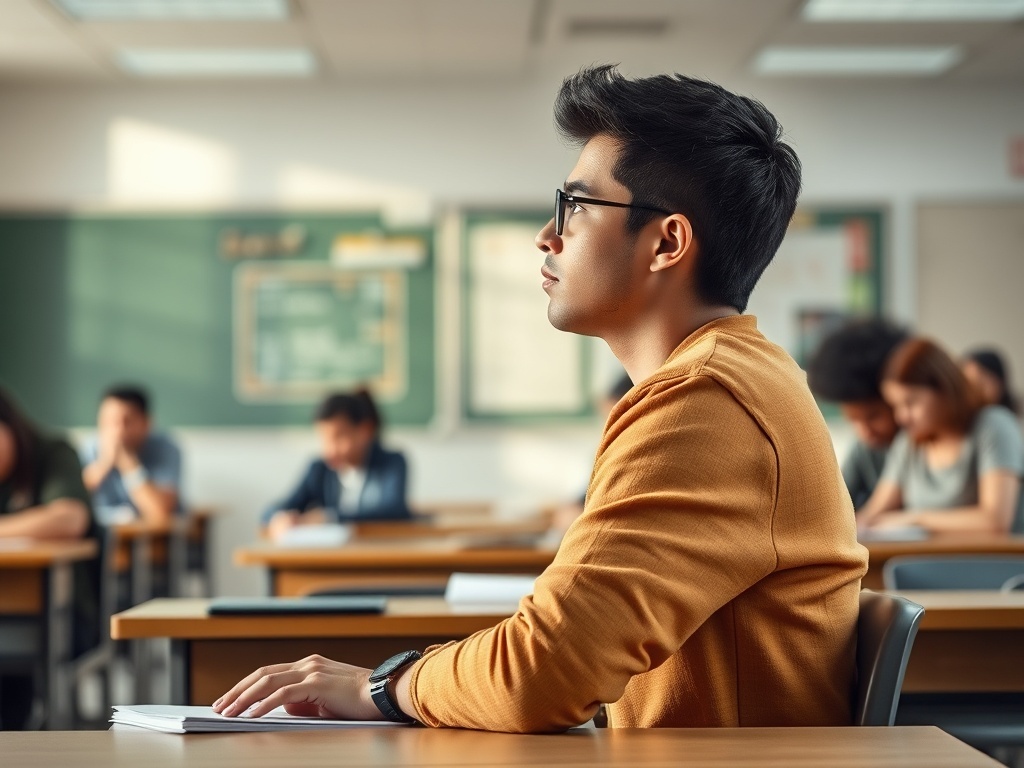 Un estudiante sentado en clase, ilustración simple
