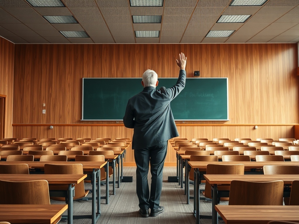 Un profesor solo frente a la pizarra, ilustración simple