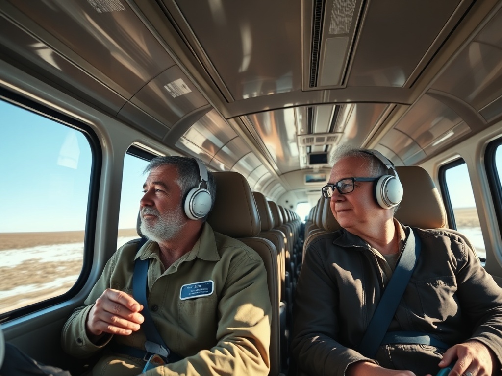 Dos personas recordando viajes en avión y tren, ilustración simple