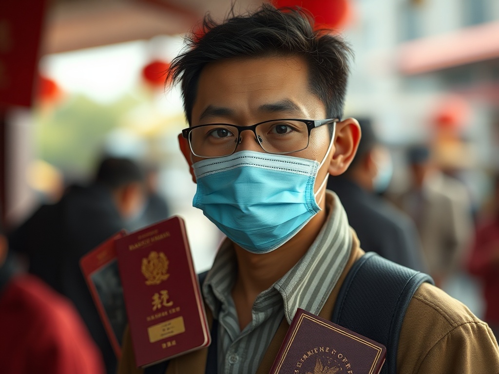 Una persona con pasaporte y mapa de China, ilustración simple