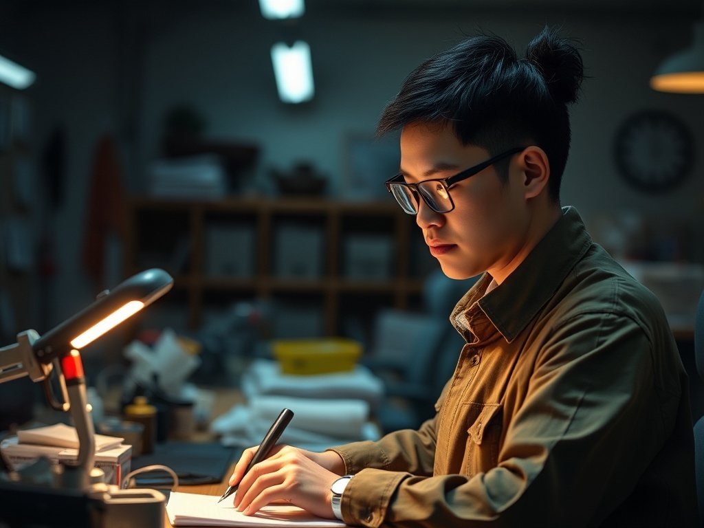 Una persona trabajando en una oficina en China, ilustración simple