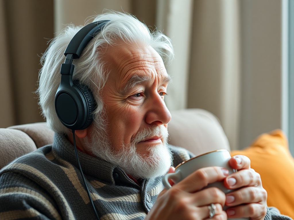 Un abuelo escuchando música mientras toma té, ilustración simple