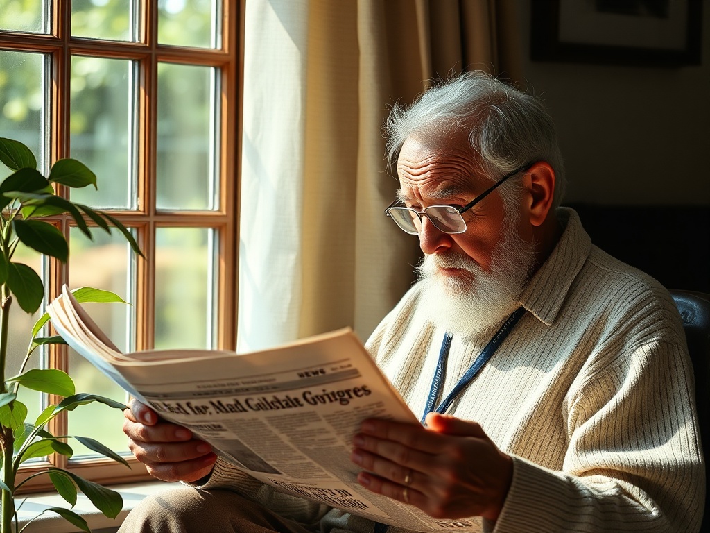 Un abuelo leyendo el periódico, ilustración simple