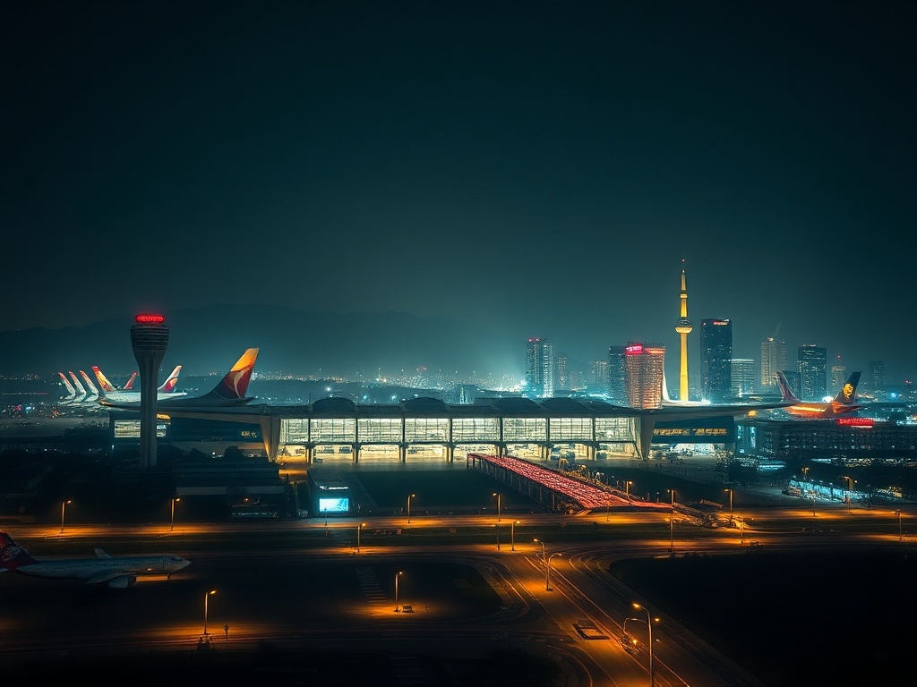 Un aeropuerto lejos de una estación de tren, ilustración simple