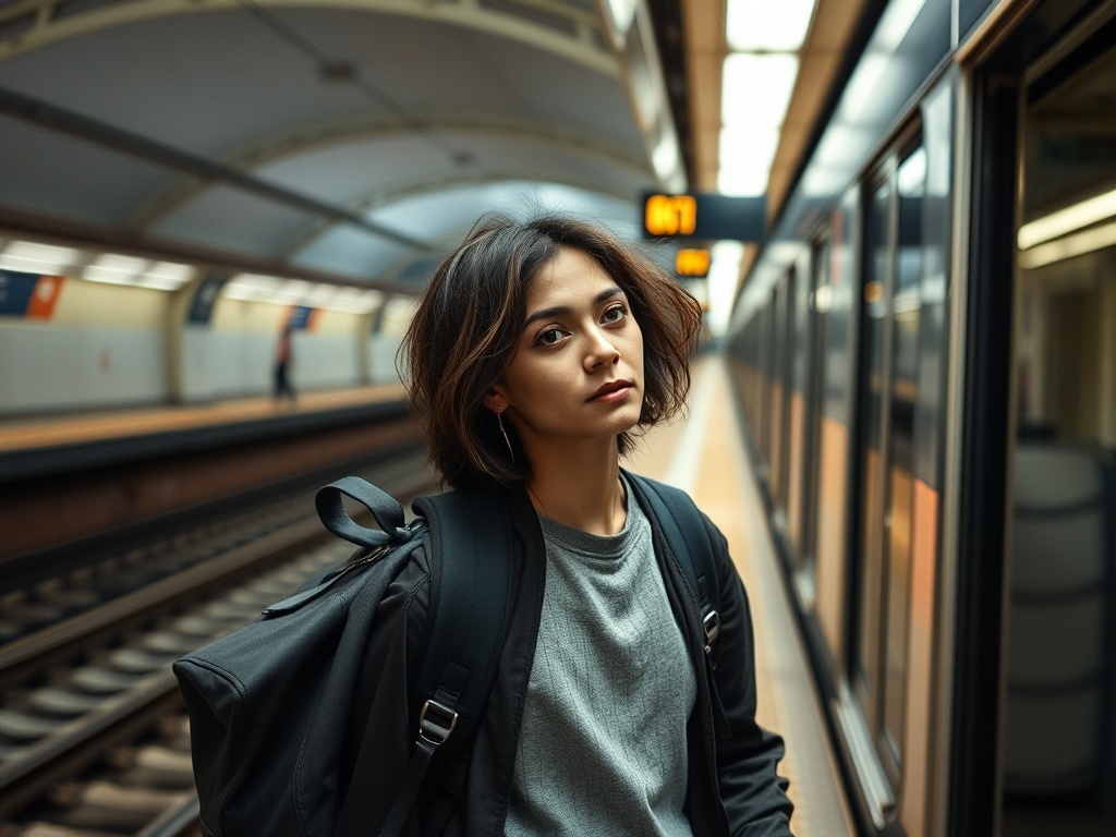 Una persona caminando hacia la derecha con una estación de metro delante, ilustración simple