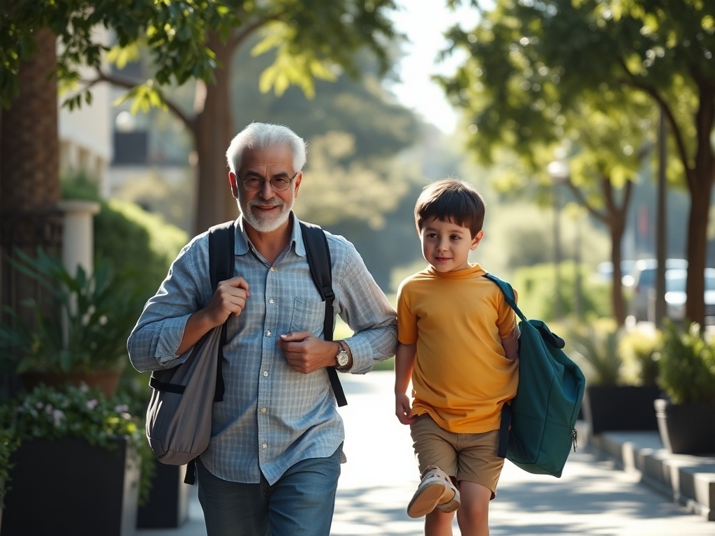 Un padre llevando a su hijo a la escuela, ilustración simple