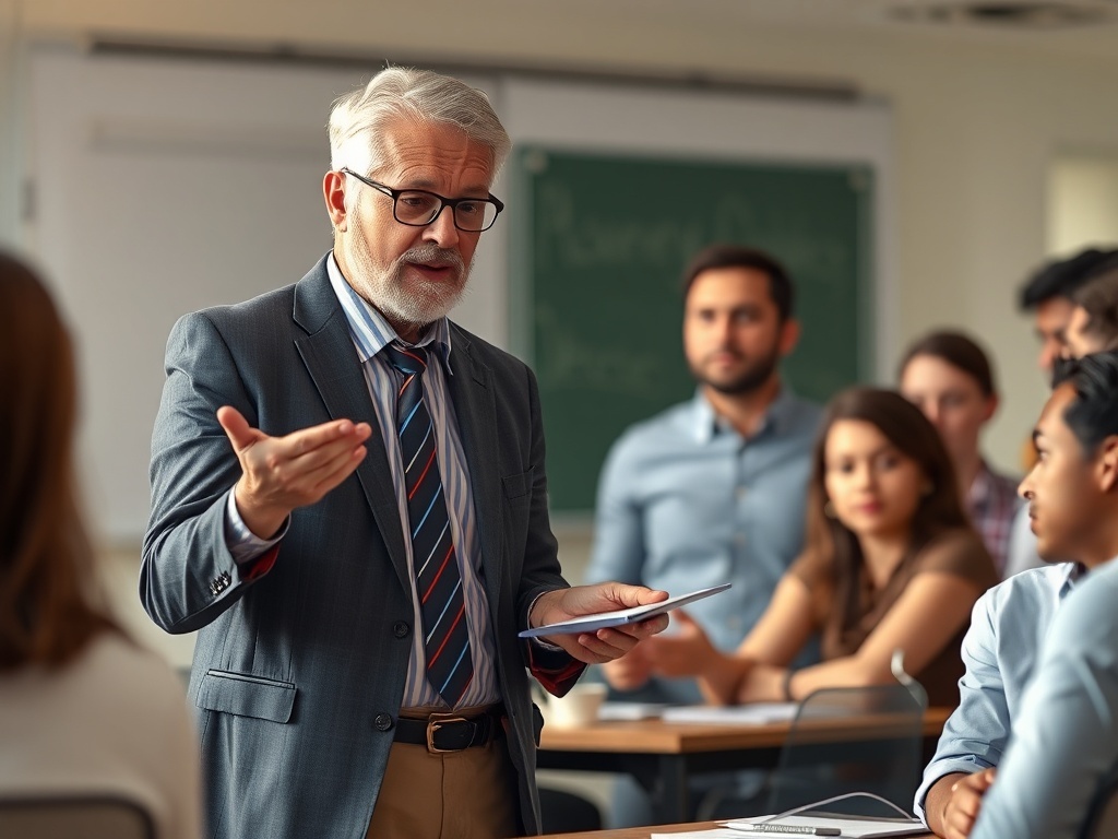 Un profesor enseñando caracteres a sus estudiantes, ilustración simple