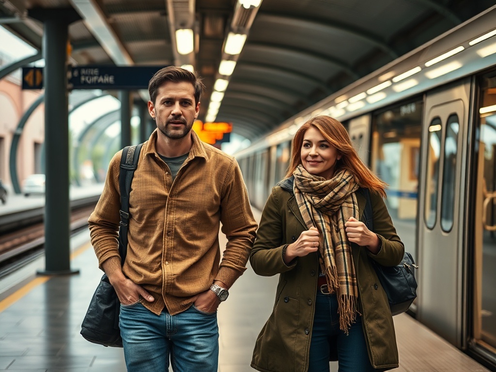 Un hermano llevando a su hermana a la estación de metro, ilustración simple