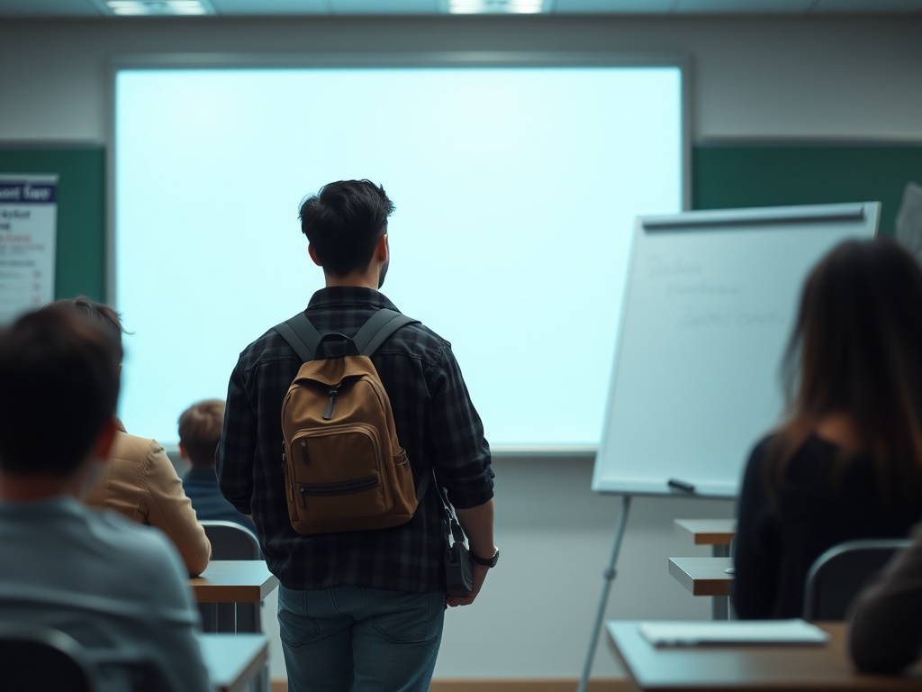 Una persona decidiendo ir al aula en vez de la biblioteca, ilustración simple