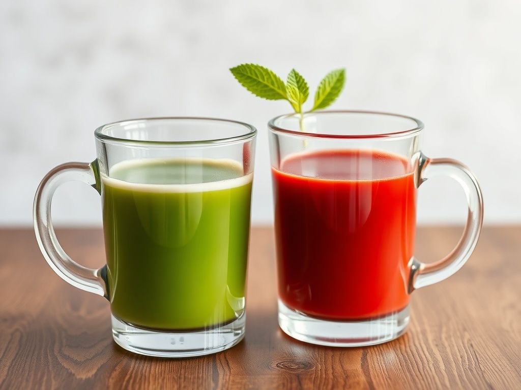 Dos tazas de té, una roja y una verde, para elegir, ilustración simple