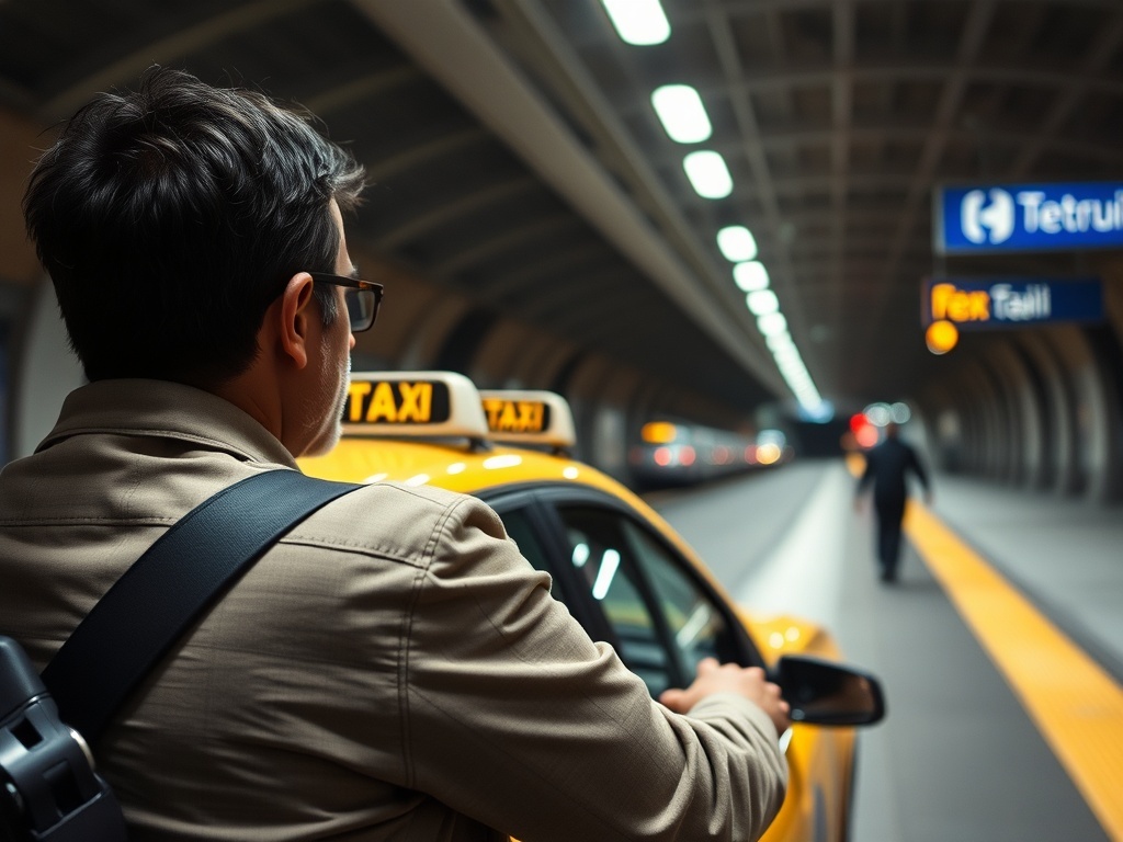 Una persona decidiendo entre el metro y un taxi, ilustración simple
