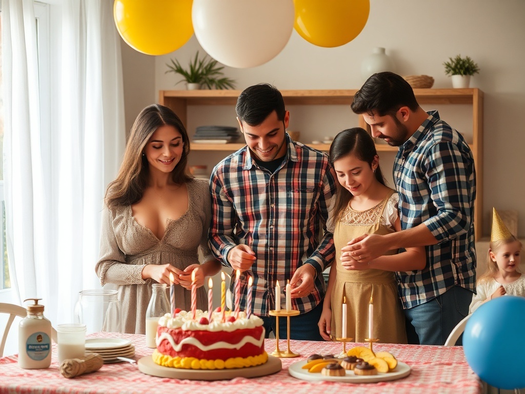 Una familia preparando una fiesta de cumpleaños, ilustración simple