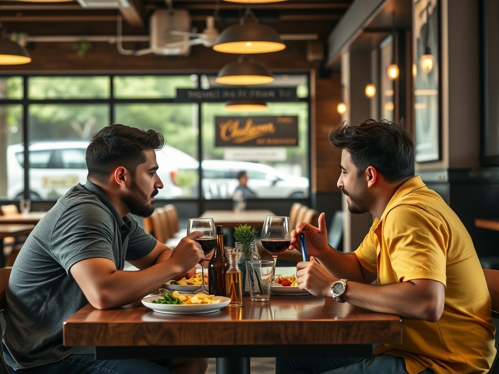 Un grupo de amigos comiendo juntos en un restaurante, ilustración simple