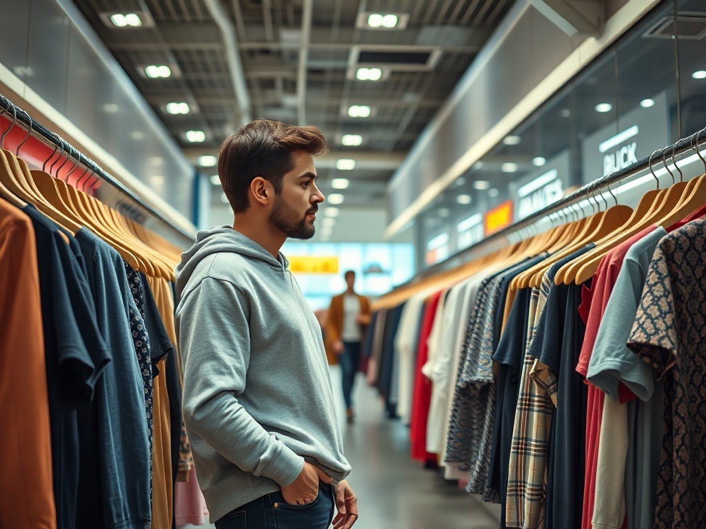 Una persona comprando ropa en un centro comercial, ilustración simple
