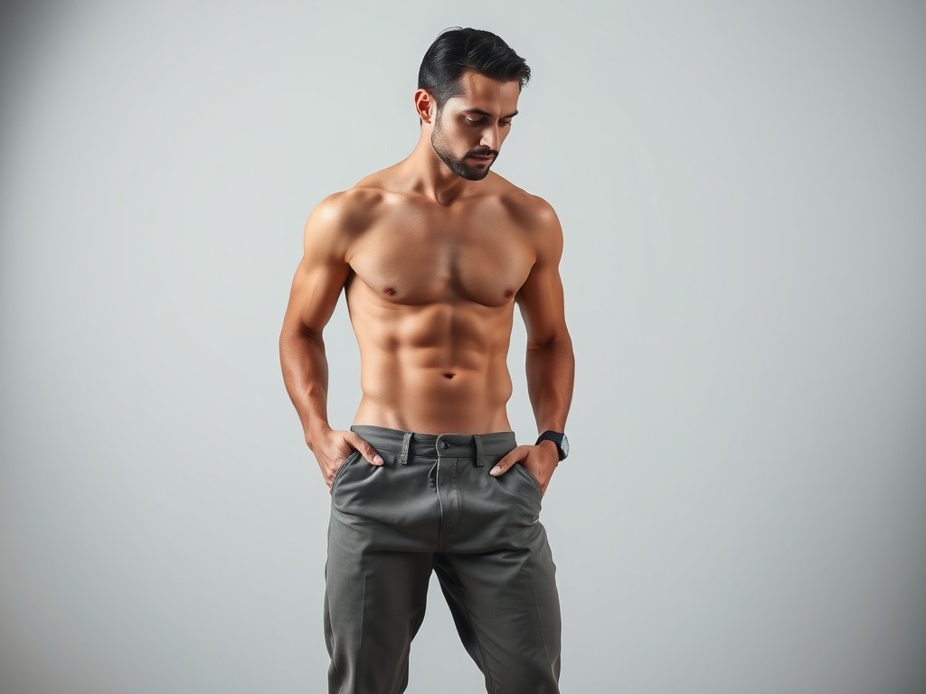 Una persona mostrando pantalones nuevos con admiración, ilustración simple