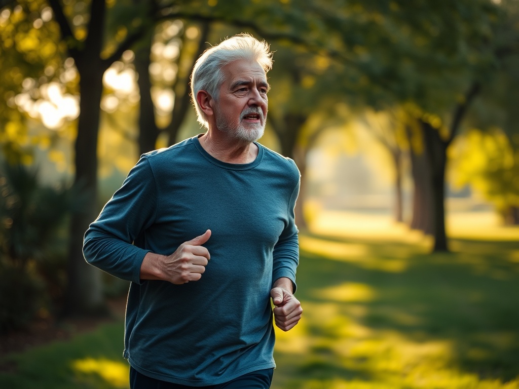 Un abuelo corriendo en el parque por la mañana, ilustración simple